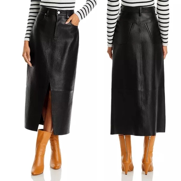 NWT Frame 31 Midaxi Leather Skirt Lamb Leather Black Front Slit Small Flaw - Picture 1 of 12